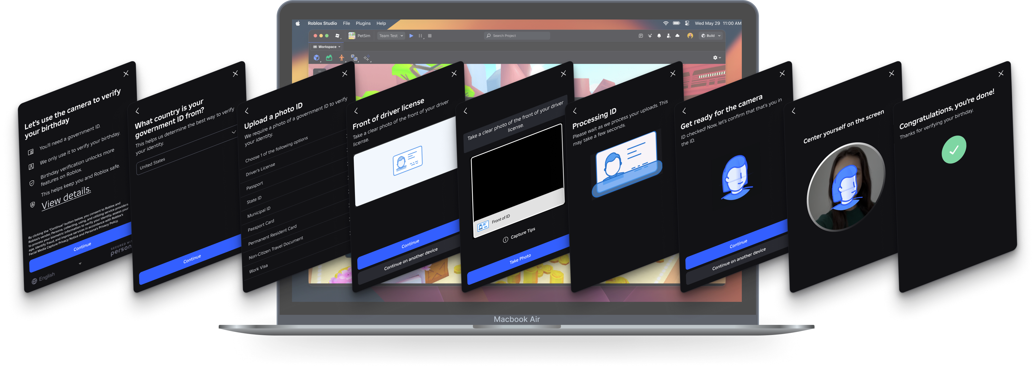 Creator Safety age verification flow shown in Roblox Studio on a MacBook Air