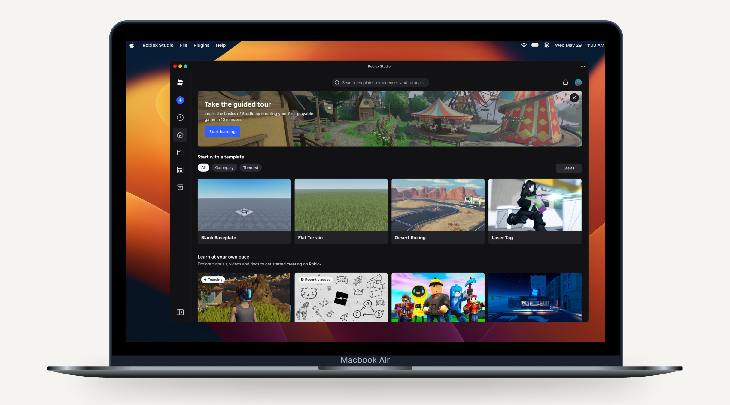 Roblox Studio start page promoting the guided tour